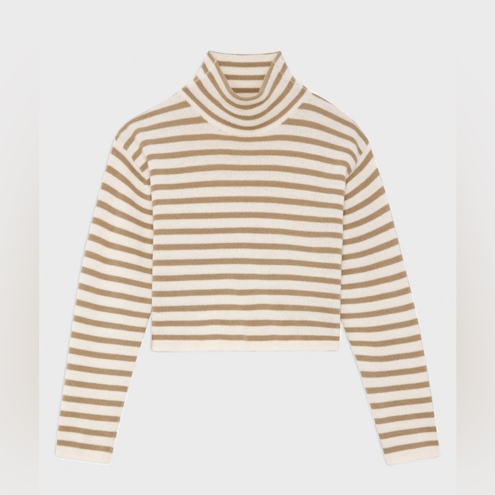 Theory Striped Wool & Cashmere Cropped Pullover Turtleneck Sweater Ivory New